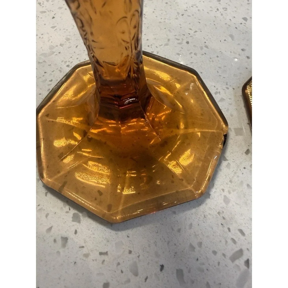 McKee Rock Crystal Amber Tall Single Candle Stick Holders EAPG Depression Glass